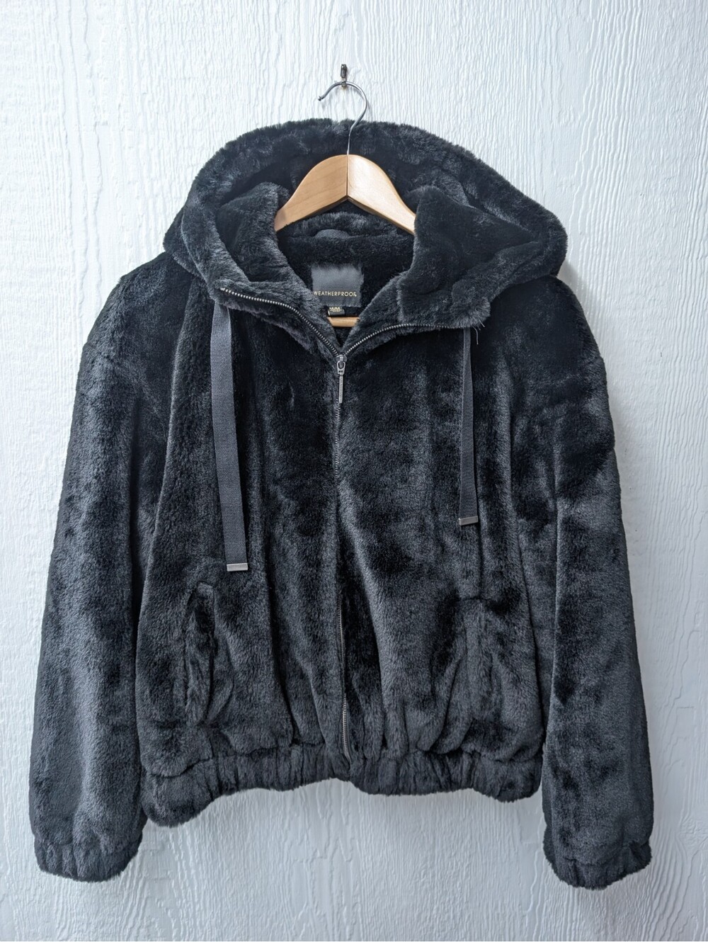 Weatherproof Faux Fur Jacket Black Plush Soft Hooded Zip Coat Women's Medium
